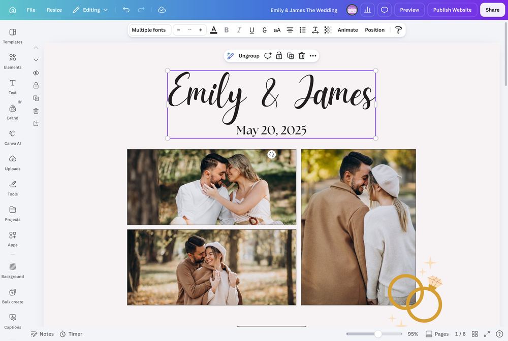 A complete multi-section wedding website inside the Canva editor